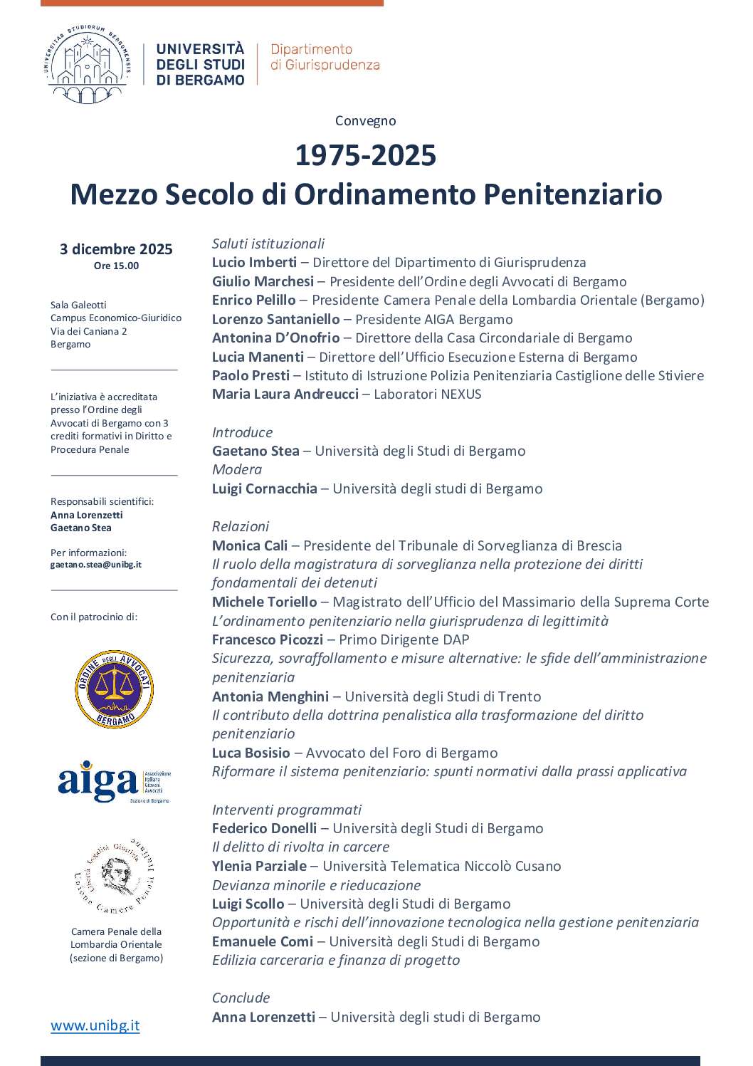 Bergamo, 3 Dicembre 2025. 1975-2025. Mezzo secolo di Ordinamento Penitenziario