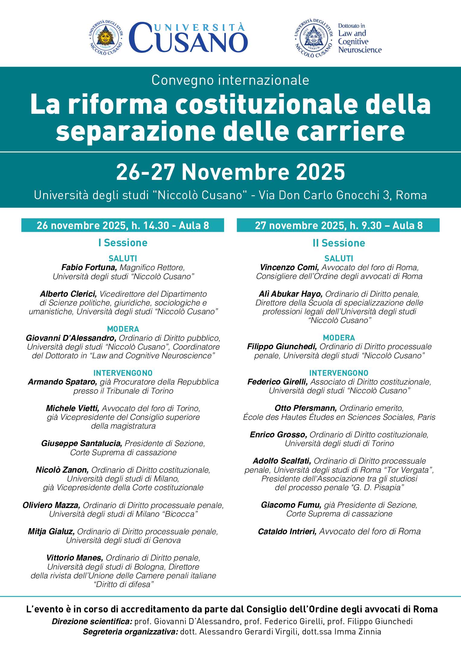 Roma, 26 – 27 Novembre. Convegno internazionale. La Riforma costituzionale della separazione delle carriere